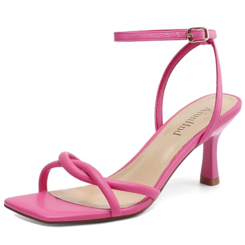 AIUNIIND Kitten Heels for Women Square Open Toe Heeled Sandals Strappy Ankle Strap Shoes for Dress Party Prom Low Heel Hot Pink Size 8