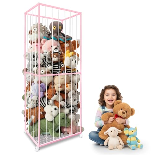Image of BETBEM Stuffed Animal Storage, Metal Tube Extra Large Toy Storage Organizer with Brake Wheels, Stuffed Animal Holder Zoo Organizer for Nursery Playroom Kids Room Pink(61” x 23.6”x 16.5”)