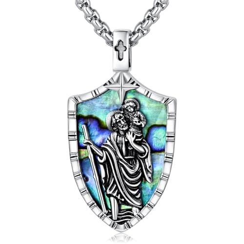 WINNICACA St Christopher Necklace Mens Jewelry Abalone Shell Religious Necklace St Christopher Protect Us Medal Pendant Catholic Jewelry Birthday Fathers Mothers Day Gifts for Men Women Son Dad