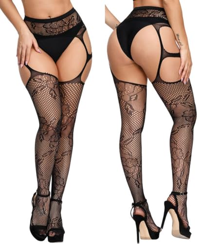 Image of Sesiwadbe Womens Fishnet Patterned Tights High Waist Suspenders Pantyhose Thigh High Stockings