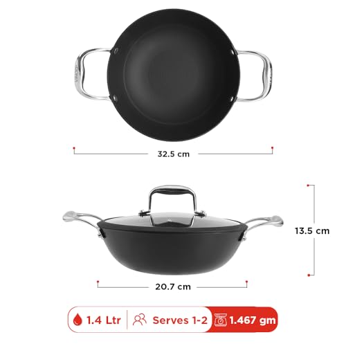 Image of Vinod Ferona Lightweight Cast Iron Kadai 1.4 L, 20 cm | Glass Lid, TREON Technology, No-Seasoning Enamel Kadhai for Healthy Cooking, Naturally Stick-Free, Gas Base, PTFE & PFOA Free