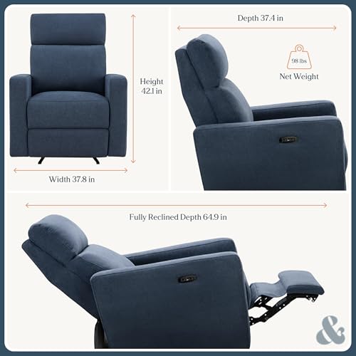 Nurture& The Glider Premium Power Recliner Nursery Glider Chair with Adjustable Head Support | Designed with a Thoughtful Combination of Function and Comfort | Built-in USB Charger (Navy)