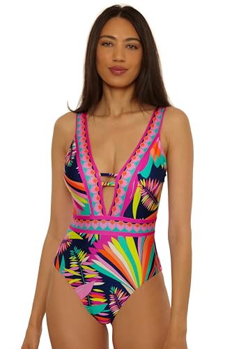 Trina Turk Paralia - Women's Plunge One Piece Swimsuit, Adjustable, Bathing Suits for Women, Multicolor, 14