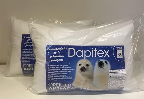 Dapitex - Almohada antiácaros (2 unidades, 45 x 70 cm, lavable a máquina, fabricación francesa)