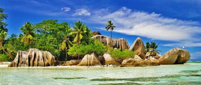 Tableau acrylique tropical Seychelles 120 x 50 cm decoration evasion exotique
