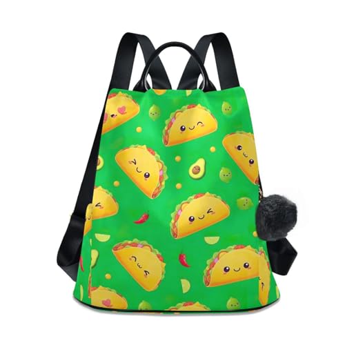 Sac à dos femme vert vif imprimé tacos avec poignée en cuir