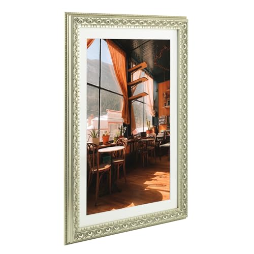 Image of Golden State Art, 13X19 Ornate Finish Photo Frame with White Mat for 11X17 Picture & Real Glass, Color: Silver Beige
