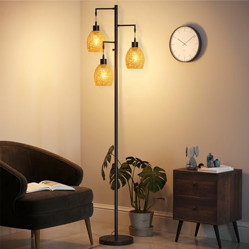 Image of SUNMORY Dimmable Floor Lamp, 68 Inch Tall Lamps for Living Room, Standing Lamp with 3 x 6w LED Bulbs, Tree Lamp, Farmhouse Industrial Floor Lamp for Bedroom, Office, Black & Rattan Shade