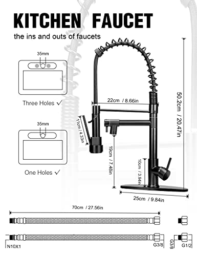 Kitchen Sink Faucet,Black Kitchen Faucet With Pull Down Sprayer,Serimer Commercial Solid Brass Spring Kitchen Faucets,Single Handle High Arc Faucet With Deck Plate For Camper Farmhouse Rv Bar Kitchen #TOP5