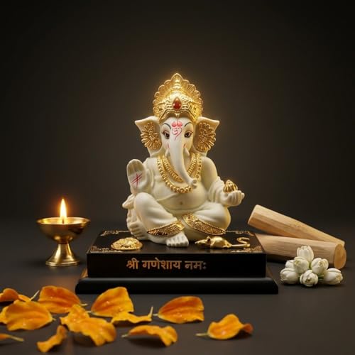 Image of Ganesha Idol for Home Decor | 4 Inch Golden Ganpati Murti with Stone Work | Resin Ganesh Ji Idol for Car Dashboard, Office Desk & Pooja Room | Vastu Decorative Statue (190g)