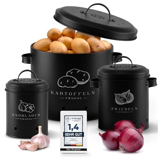TWOPOL® Kartoffel Aufbewahrungsbox [3er Set]-mit 360°Luftzirkulation hält Gemüse länger frisch-der ideale Weg für Zwiebel Aufbewahrung Kartoffel Aufbewahrung und Knoblauch Aufbewahrung (Schwarz)
