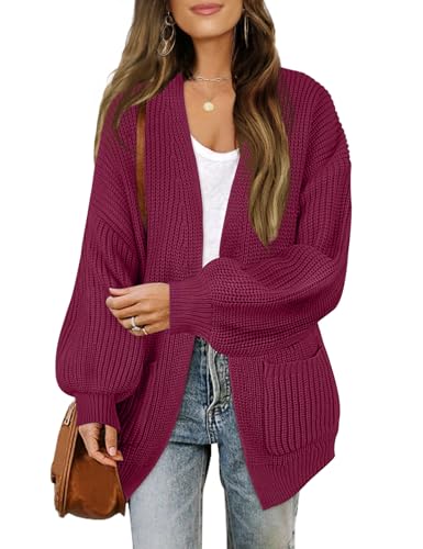 MEROKEETY Women's Open Front Long Lantern Sleeve Cardigan Oversized Chunky Outwear with Pocket