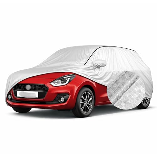 Image of SEAZEN Waterproof Car Cover for Maruti Suzuki Swift | Dustproof, UV & Scratch Resistant Soft Cotton Lining | Triple Stitched, Mirror Pockets & Elastic Hem | Metallic Silver with Black Piping