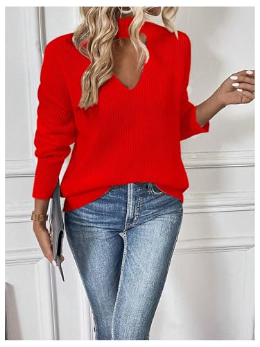 Image of GORGLITTER Women's Cut Out Oversized Lighweight Sweater V Neck Long Sleeve Sexy Trendy 2025 Fall Pullover Tops Red Large