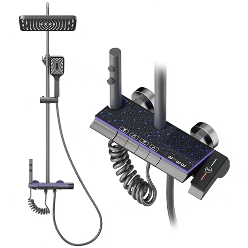 STANEW Colonne de Douche Titane avec Tête Carrée,Colonne de Douche 4 Jets, Affichage LED Ciel étoilé,Douchette à main avec 3 types de Modes,Hauteur Réglable (Gris(Amélioré))