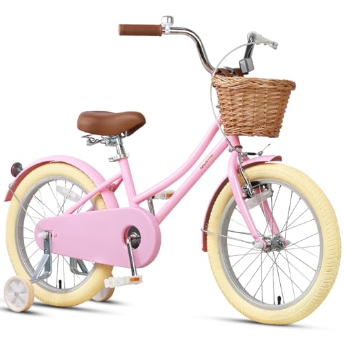 Image of Glerc Little Molly 12-20 Inch Kids Retro Cruiser Bike for 2-13 Year Old with Wicker Basket & Training Wheels /Kickstand, Multiple Colors