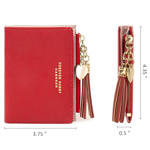Image of KOTORA Womens Small Wallet Girls Tiny Slim Wallets Pretty Mini Card Holder Thin Short Zip Coin Purse with Love Pendant and Tassels (Red02)