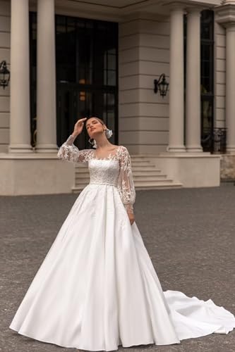 homdor Long Sleeve Prom Dresses Lace Applique Wedding Dress Satin Ball Gown A Line Formal Evening Gowns3