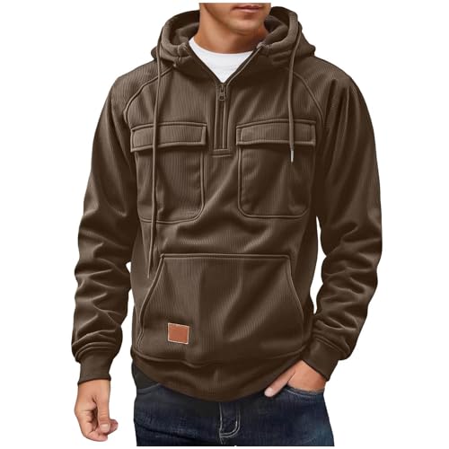 Mens Tactical Hoodies Quarter Zip-Up Pullover Sweatshirts Corduroy Cargo Hooded Sweatshirts Clothes with Multi Pockets