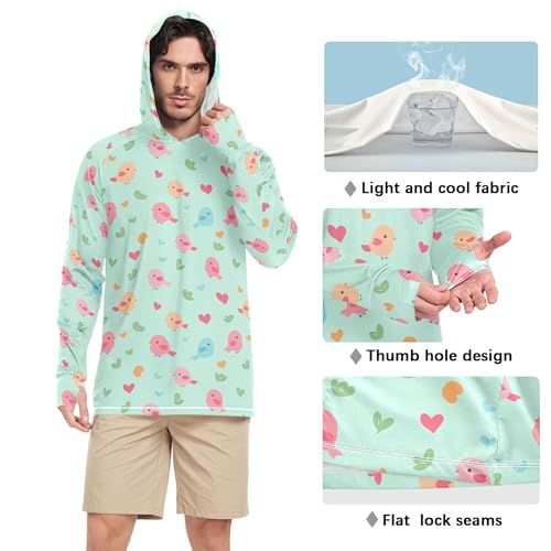 Wudan Happy Valentine's Cartoon Bird Green Mens Hoodies Shirts Long Sleeve Sailing Shirts UPF 50 + Beach Shirt S4