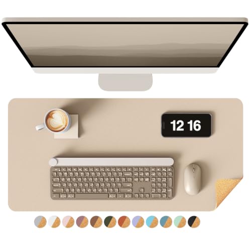 Image of YSAGi Double-Sided Desk Mat, 23.6 inchx13.7 inch Leather & Eco Cork Protector, Large Mouse Pad & Writing Pad for Office /Home (Beige /Cork)