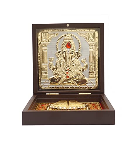 Image of Idolkart Ganesh Pocket Temple 24 Karat Gold Coated - Ganesha Photo Frame, Gift, Vinayaka Photo, Ganesh Charan Paduka for Wealth, Prosperity and Vastu Benefits - Gift for Diwali, Occassions - 2x3 Inch