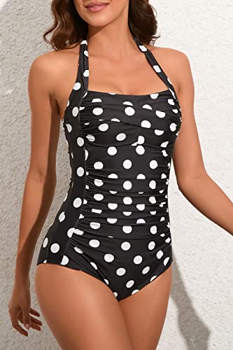 Image of Smismivo Tummy Control Swimwear Halter One Piece Slimming Vintage Retro Swimsuit Womens Ruched Push Up Bathing Suit