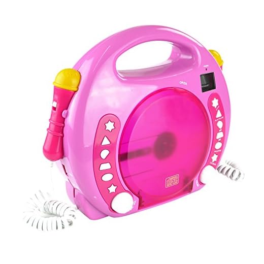 X4-TECH Bobby Joey – CD-spelare för barn, för USB-minne, SD-kort, MP3-CD – 2 x mikrofoner karaoke inkl. klistermärke – rosa