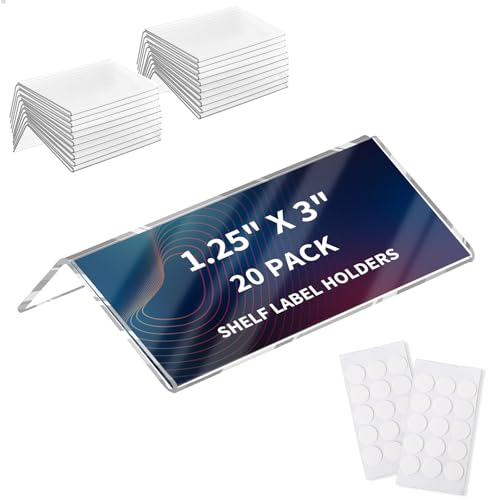20 Pack Acrylic Rigid Shelf Label Holders for School Office Library Book Shelves Tags Shelf Labels with Sticky Dots, Transparent Tabletop Price Sign Stand for Store Bakeries (1.25x3 in)