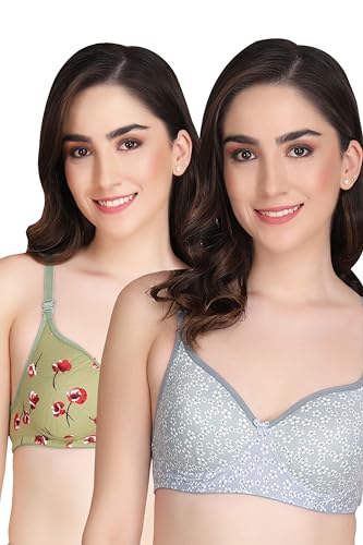 Image of Flower Print Bra for Women - Made of Pure Cotton Full Coverage Non Wired Pushup Soft Cup for T-Shirt Saree Dress Sports Garment for Daily Use Everyday