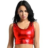  Aislor Débardeur Court Métallisé Femme Top Haut Brillant Gilet sans Manches Danse Bal Boîte de Nuit Halloween Performance Rouge Taille Unique