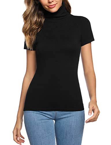 Irevial T-Shirt Elegant Basic Slim Fit Top for Women Short Sleeves with Stand-Up Collar, Black, M