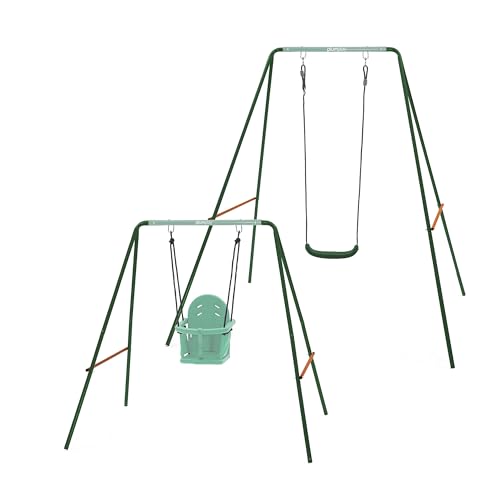Plum 2 in 1 Growable Garden Swing Set with 2 Interchangeable Swing Seats Included for Safe Outdoor Active Play for Babies and Children, Adaptable Robust Steel Frame to Grow with Your Child (Green)