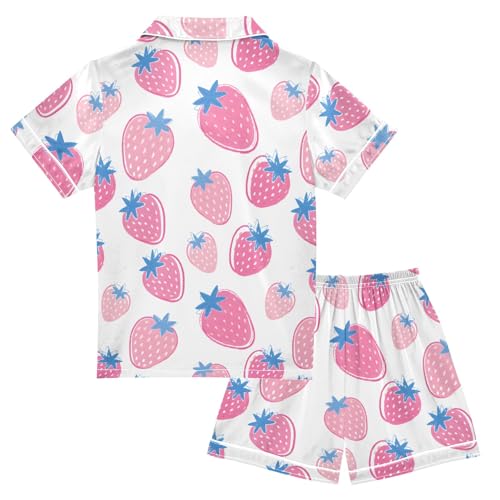 Strawberry White Pink Pattern Summer Satin Pajama Set, Cute Button-Down Sleepwear Pj Set for Sleep Wears2