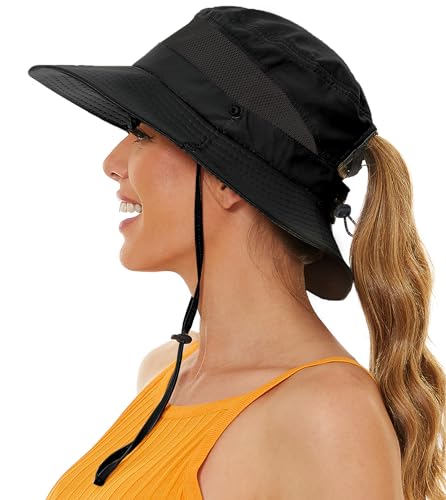 Image of EW East Water Sun Beach Hat for Women, UPF50+ Waterproof with Ponytail Hole | Large Breathable Mesh,3.5 inch Wide Brim, Adjustable Windproof Chin Strap,Quick-Dry, for Hiking Fishing Outdoor Safari
