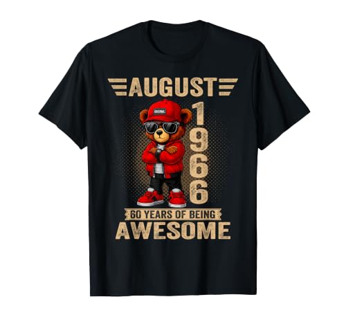 Agosto 60 Cumpleaños Hombres Mujeres 1966 Impresionante Oso de Peluche Camiseta