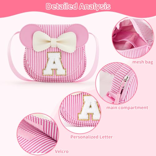 Personalized Initial Girls Crossbody Bag, Minnie Mouse Ears Kids Purse with Glitter Letter, Adjustable Waist Fanny Pack for 3-8 Years Old (Pink Stripe, J) — view 3