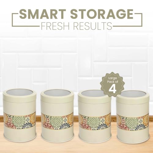 Image of Mandala Collection Airtight Kitchen Container Set| 1100ML- Set of 4| Food Grade Metal Jars for Dals, Millets, Pasta & Dry Food Storage| Vacuum Lid, Rust Resistant| Beige Rangoli Canisters
