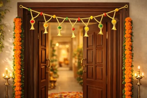 Image of Rajasthan Kraft Handmade Beads & Pom Pom Door Toran - 40 Inch in Size, for Festive & Housewarming Decor (T0014)