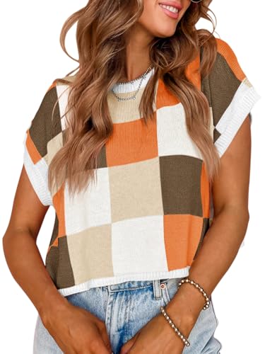 Image of Saodimallsu Womens Cap Sleeve Crop Tops Summer Color Block Going Out Crew Neck Knit Trendy Casual Sweater
