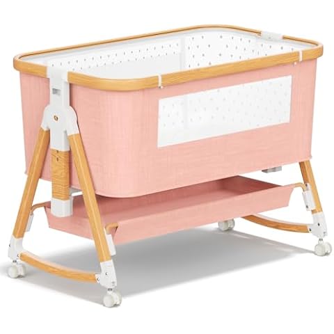 KORIMEFA 3 in 1 Baby Bassinet, Rocking Bassinets Bedside Sleeper with Comfy Mattress and Wheels, Height Adjustable Easy Folding Portable Bedside Bassinet for Newborn Infant, Pink Cover