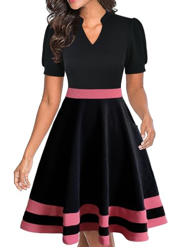 Image of Mokayee Womens Summer Short Puff Sleeve Casual Semi-Formal Fit and Flare Church Wedding Guest Work Dresses with Pockets