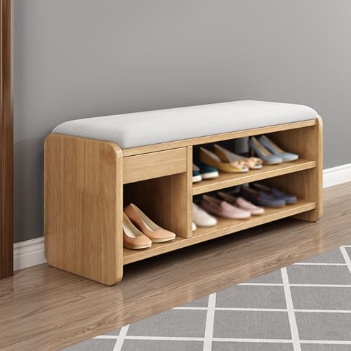 Banco de almacenamiento de zapatos de madera con cajones y banco largo tapizado acolchado organizador de zapatos con asiento para entrada, dormitorio, tienda de ropa