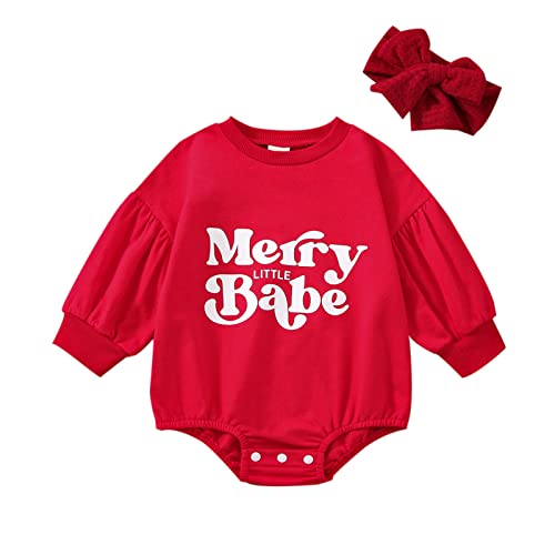 Baby Sweater Xmas Infant Newborn Christmas Clothes Crewneck Long Sleeve Romper with Headbands 0-24 (Red, 6-12 Months)
