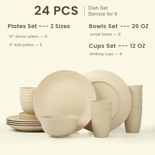 Image of Homienly 24 PCS Premium Wheat Straw Dishes Set for 6, Reusable Plates and Bowls Sets,Cups,Lightweight & Unbreakable Dishwasher and Microwave Safe Dinnerware Sets for Kitchen,Outdoor- Beige