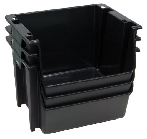 United Solutions SB0121 Set of Three Large Plastic Nesting/Stacking Storage Bins in Black-3 Rough and Rugged Black Bins that Nest or Stack to Organize Your Life