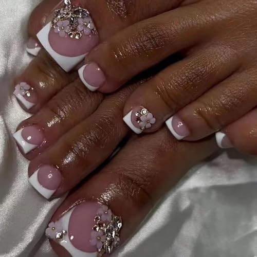 Image of Summer Press on Toenails Flower Fake Toenails Square False Nails Butterfly with Design White French Tip Glue on Toenails Glossy Artificial Acrylic Full Cover Stick on Toes for Women Manicure 24Pcs
