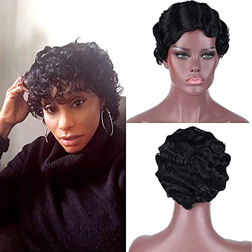 Short Human Hair Finger Wave Wigs for Black Women Human Hair Wavy Short Bob Water Wave Curly Pixie Cut Wigs Mommy Daily Party 1920s Short Natural Wig Natural Black Color