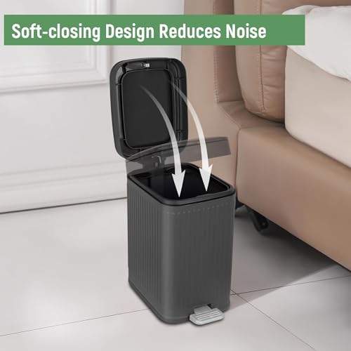 Image of rejomiik Small Bathroom Trash Can with Lid Slim Soft Close Garbage Can Step Wastebasket Container Trash Bin for Office Bedroom Kitchen Living Room (2.6 Gallon Dark Gray)