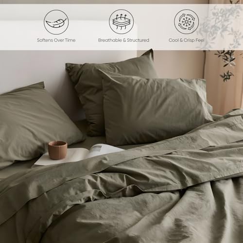 Image of Haus and Kinder Double Bedsheet, 300 TC 100% Organic Cotton Percale Weave, Fitted Bedsheet for Double Size Bed with 2 Pillow Covers - Marrow Stitch Detaling (Coastal Calm, 60 inchx78 inchx10 Size)